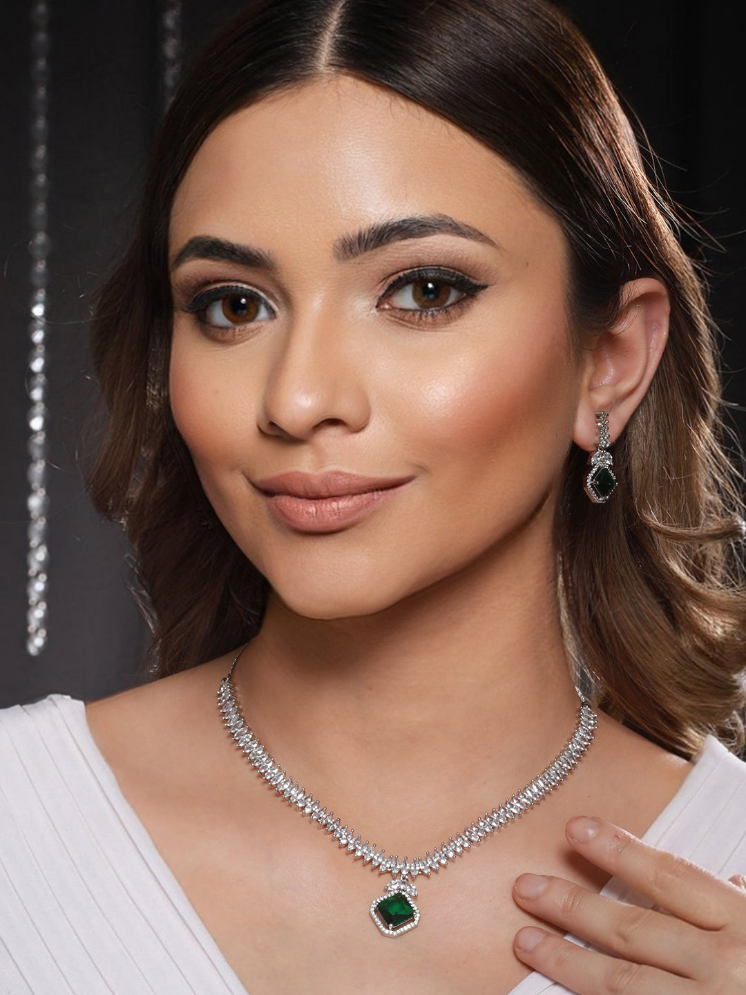 Silver Plated Green CZ Studded Minimal Pendant jewellery Set